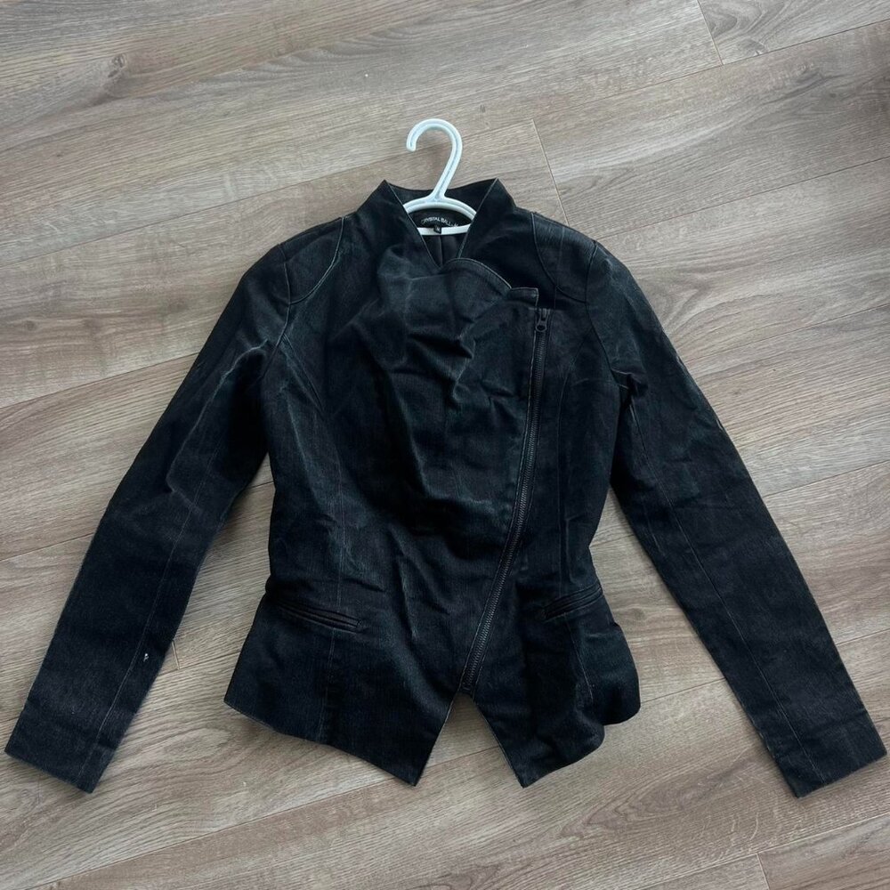 Black Asymmetrical Moto Jacket Distressed - Japanese denim waxed look